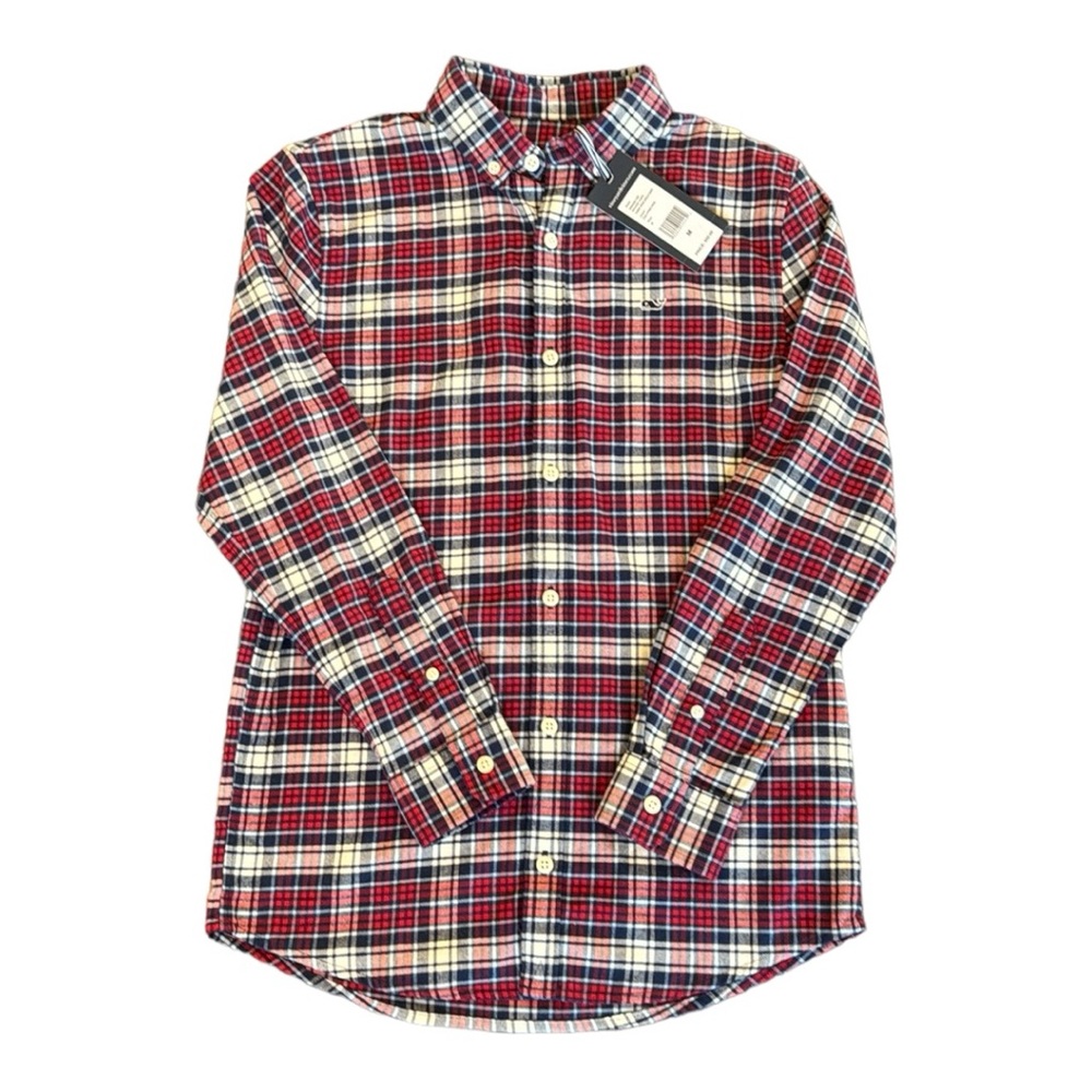 Vineyard Vines Boys Flannel Shirt Whale Button Down M 12/14  Blue Red White NWT